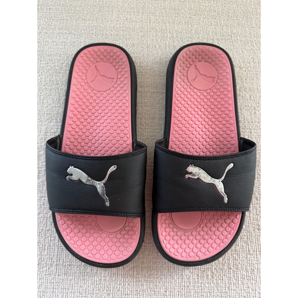 PUMA Cool Cat Sport Women's Slides Black Pink Silver Logo Sandals Size 9 Retro